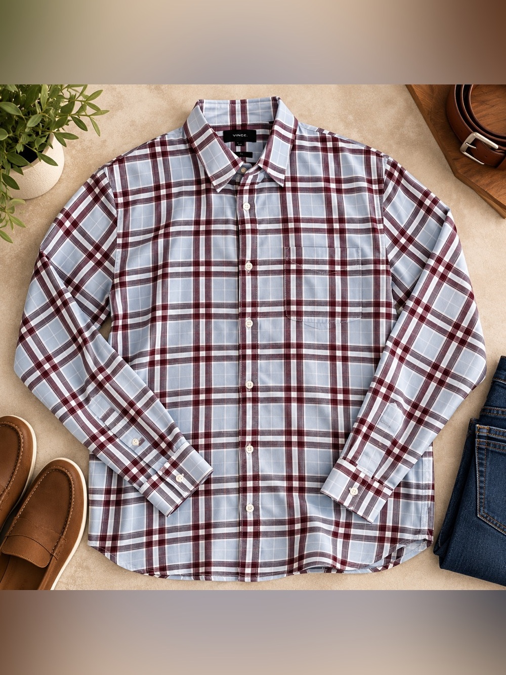 Vince Men’s Medium Plaid Cotton Button Down Shirt Blue Burgundy Long Sleeve